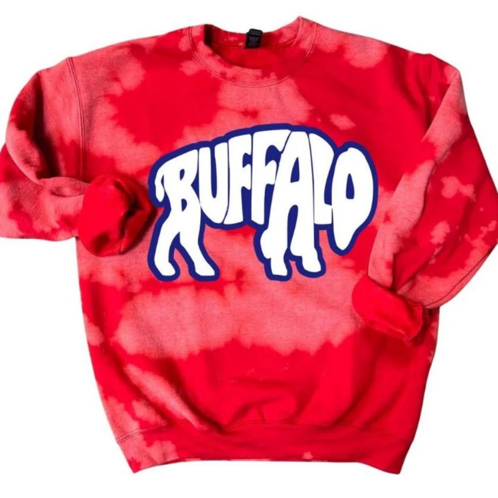 Red Bleach Dyed Buffalo Letters Crewneck Adult Sweatshirt